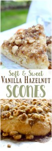 These vanilla hazelnut scones are soft, sweet, and fluffy! Perfectly paired with a hot cup of coffee and a good book.